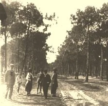 EH04A - La forêt à St-Jean-de-Monts. De g à d: Edmond, Maurice, Marthe et André Feuillebois, Rémy Hausermann, Nanny