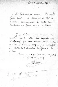 En mars 1929, Jean Cordelle accuse réception de son affectation au Centre Mobilisateur de Tours