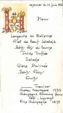 Menu du mariage de Jean-Pierre (déjeuner)
