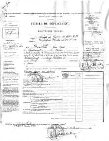 Feuille de déplacement de papa, muté de Sarrebourg vers le ministère de l'Armement pour construire des usines à munitions du côté de Montreuil-Bellay (mars 1940)