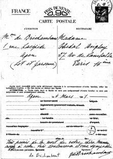 Carte interzone de Mme Yvonne de Brichambaut, née Hersent, fille de Jean Hersent et soeur de Marcel et Gilbert Hersent. Elle était avec sa mère à Agen