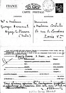 Carte interzone de Mme Georges Hersent (qui était au château d'Azay-le-Féron)