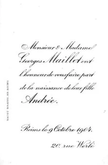 Faire-part de naissance d'Andrée, le 9 octobre 1904 à Reims