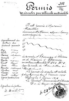 Un permis spécial pour que Marguerite Maillet aille à Reims en voiture, 5 février 1915 (d'Epernay à Reims)