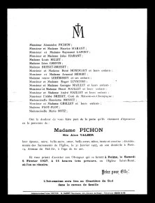 faire part de décès d'Alice Valser, épouse Pichon, 1927