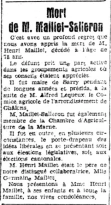 Décès de Jeanne Maillet, née Salleron