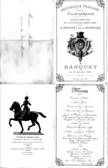 Menu de banquet du 15 juillet 1896, inauguration de la statue de Jeanned'Arc en présence du Président de la République