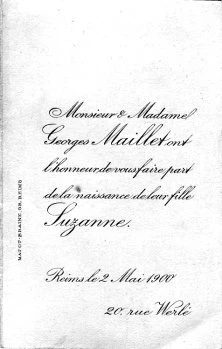 Faire-part de naissance de Suzanne, le 2 mai 1900