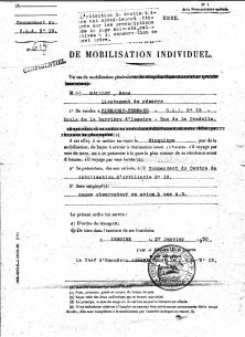 Son ordre de route en cas de Mobilisation Générale (daté du 27 janvier 1930)