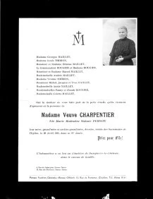 Décès de Sidonie Person-Charpentier ou Bonne-Maman de Dampierre, le 20 avril 1936