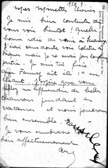 Carte de Tandrée à Fanny et Claude, 1938?