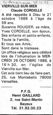 Faire part décès la Renaissance, 25 oct 88