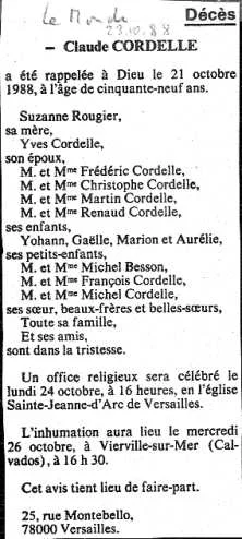 Faire part décès, Le Monde, 23 oct 88